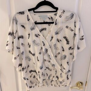 Veronica M Cream Feather Print Blouse S